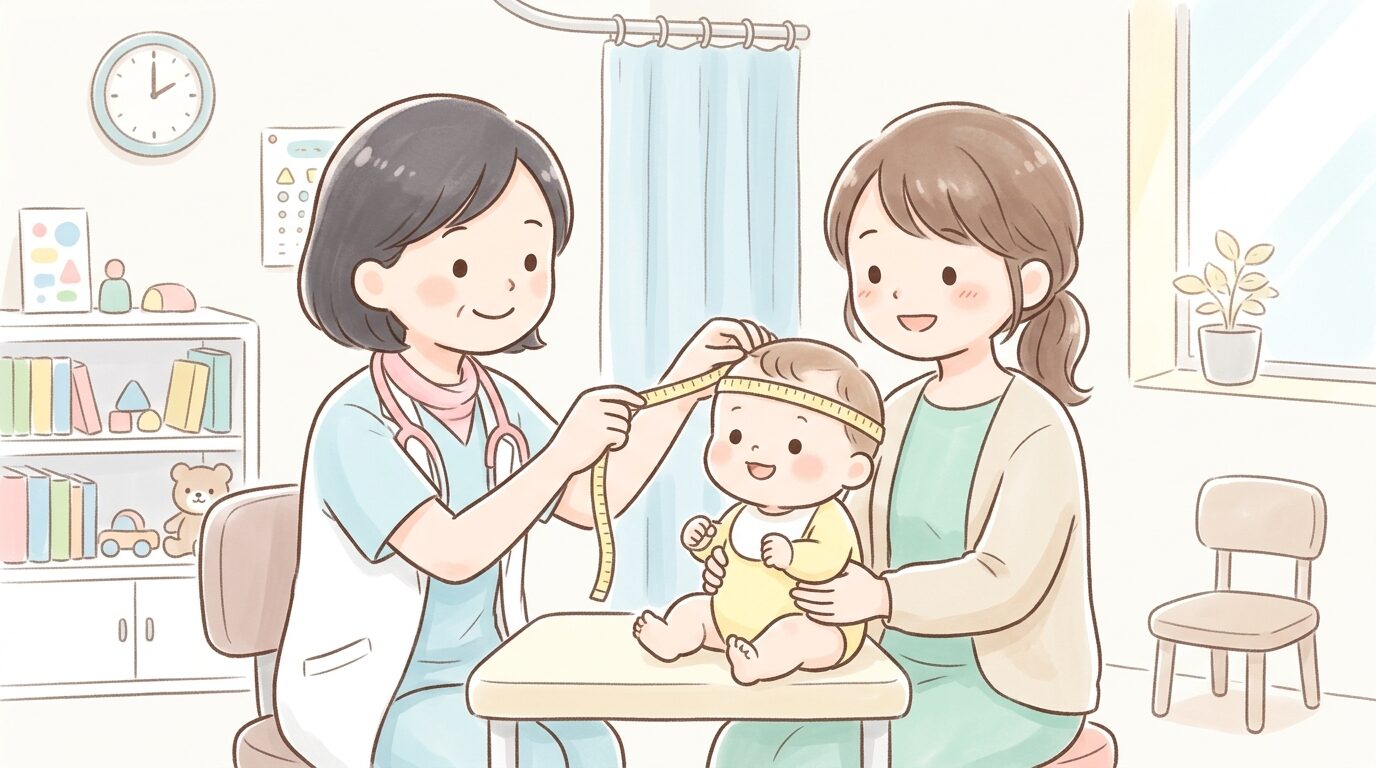 小児科診察室で医師が乳児の頭囲を確認しながら母親に説明している様子