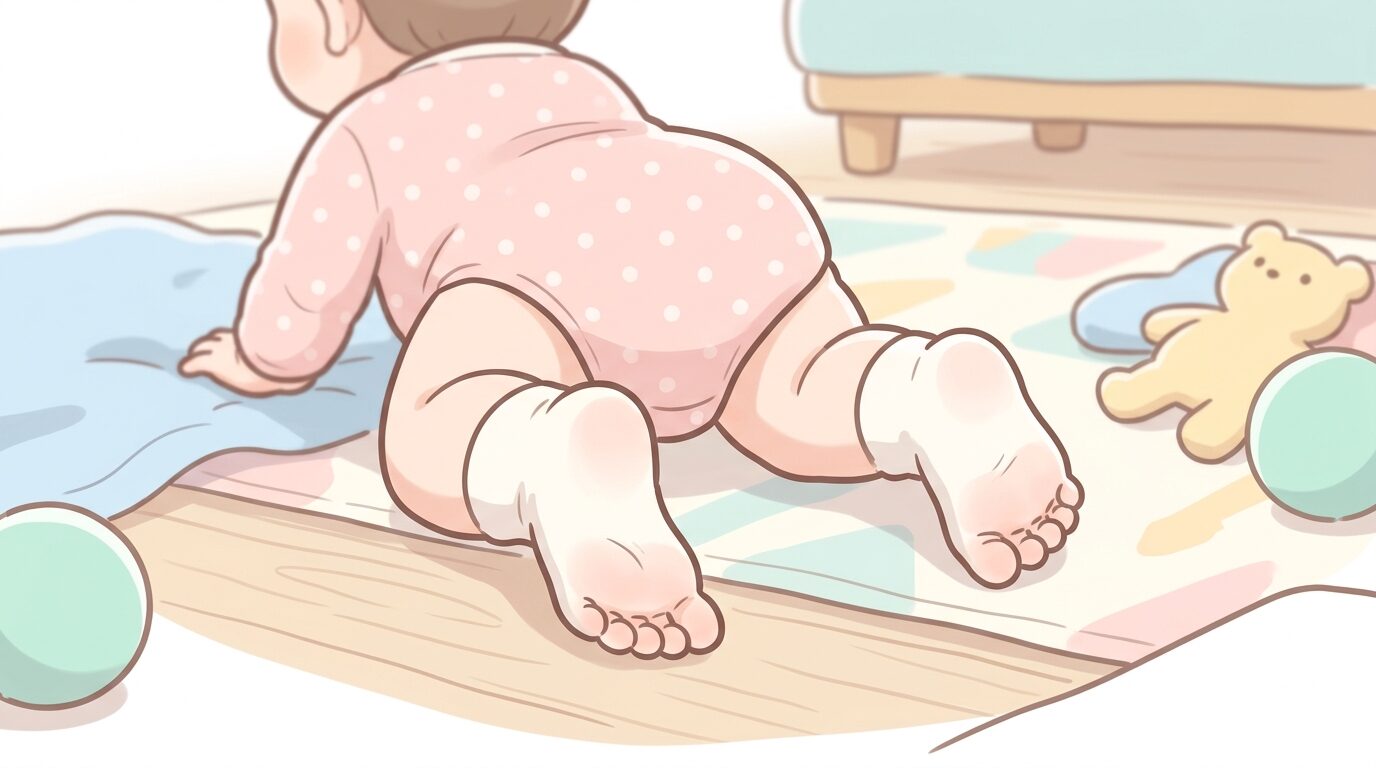 リビングの床でハイハイをする生後8ヶ月ほどの赤ちゃんの小さな足元アップ