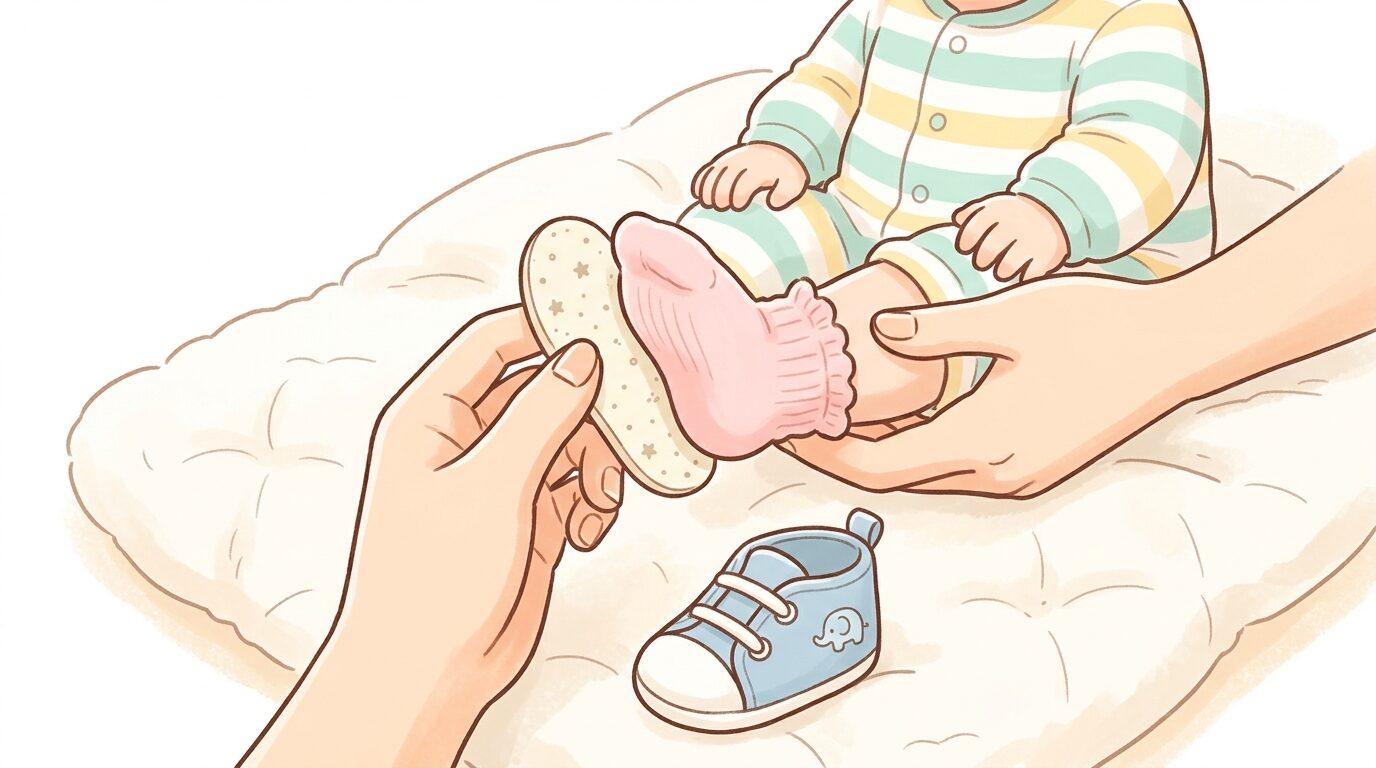 ベビーシューズの中敷きを取り出し赤ちゃんの足のサイズを確認する親の手元