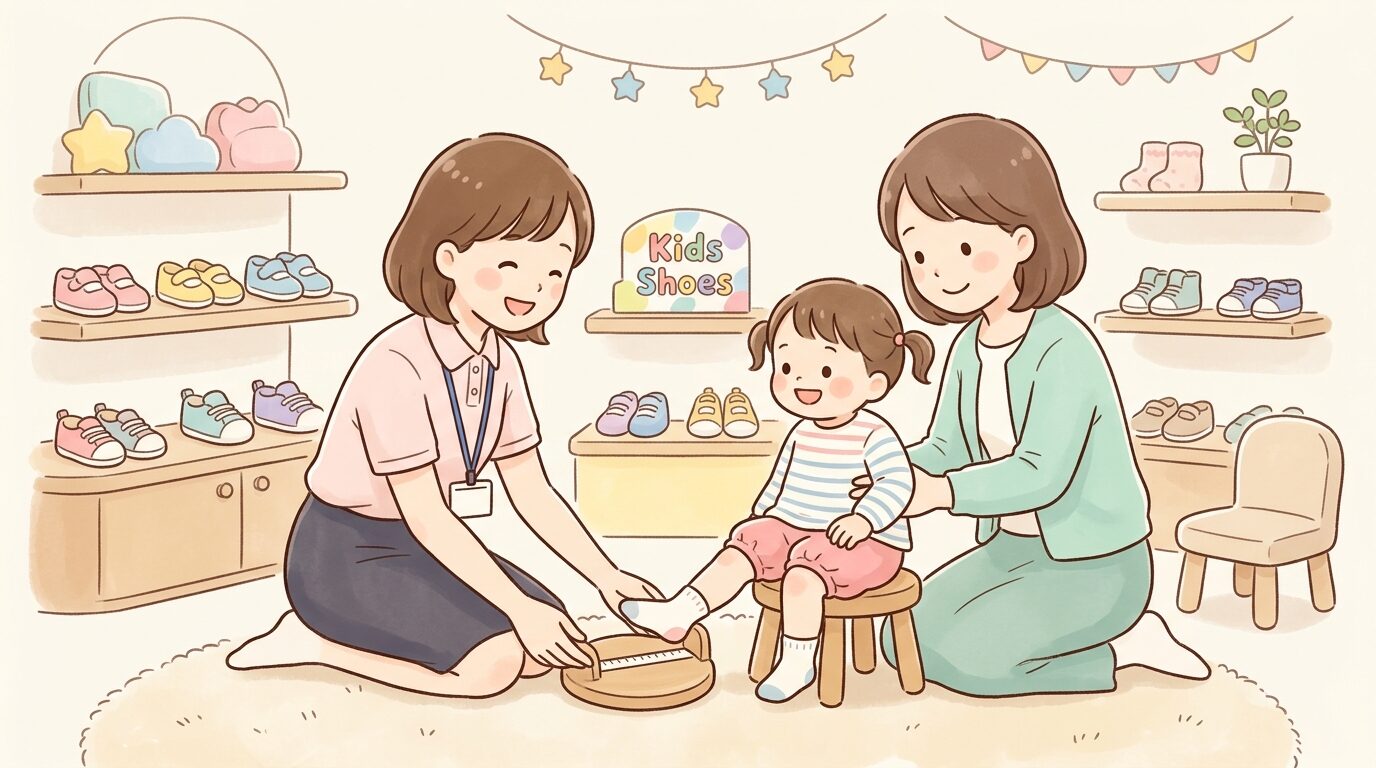 子供靴売り場で店員に足のサイズを測ってもらう幼児と見守る母親
