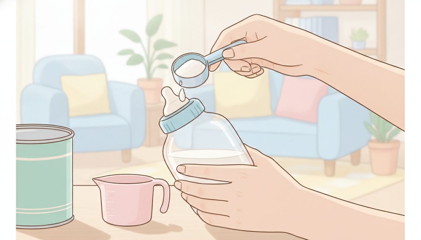 リビングで粉ミルクを調乳する哺乳瓶とスプーンを持つ母親の手元、柔らかな自然光が差し込む温かい雰囲気