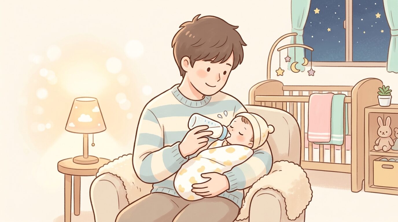 赤ちゃんに哺乳瓶でミルクを飲ませる父親の穏やかな表情、寝室のやわらかい照明の中で