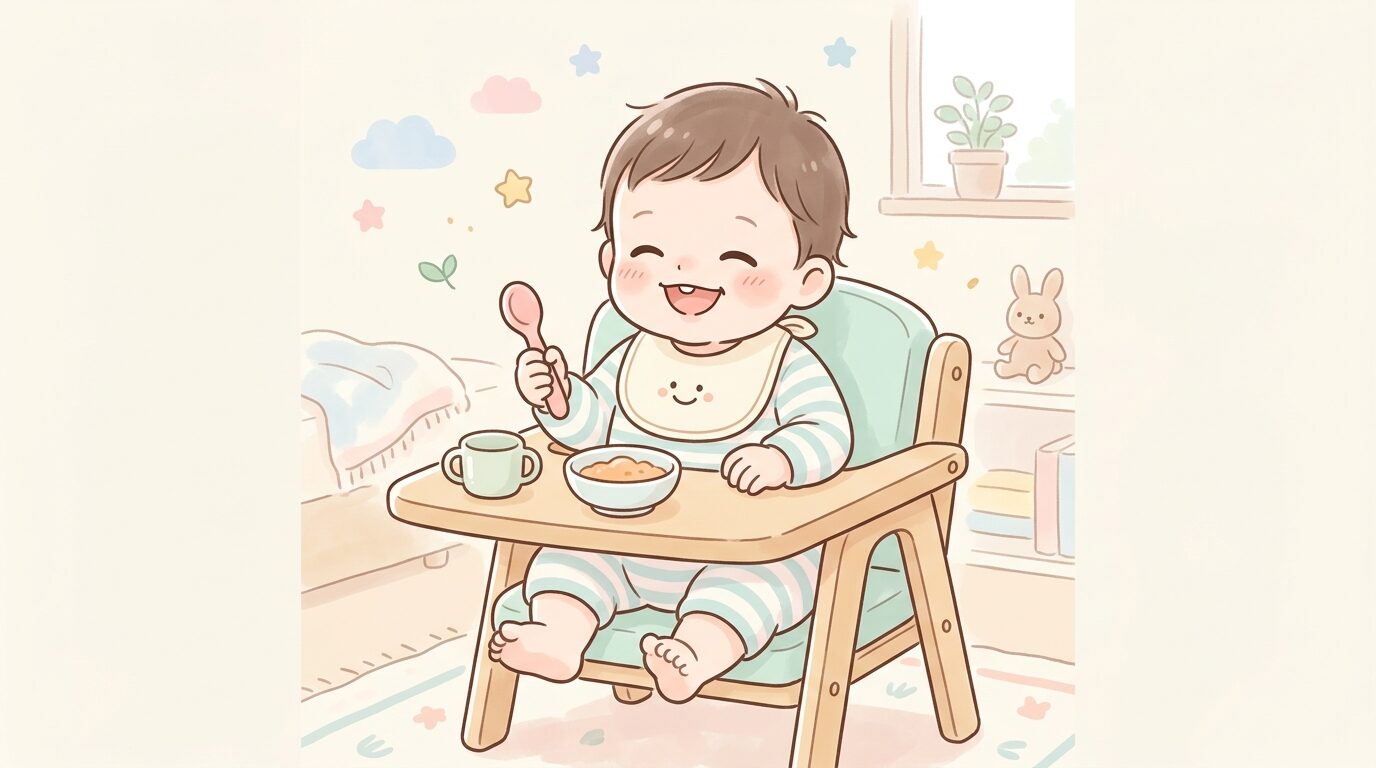 離乳食の椅子に座り、スプーンを持って食事を楽しむ生後8か月ほどの赤ちゃんの笑顔