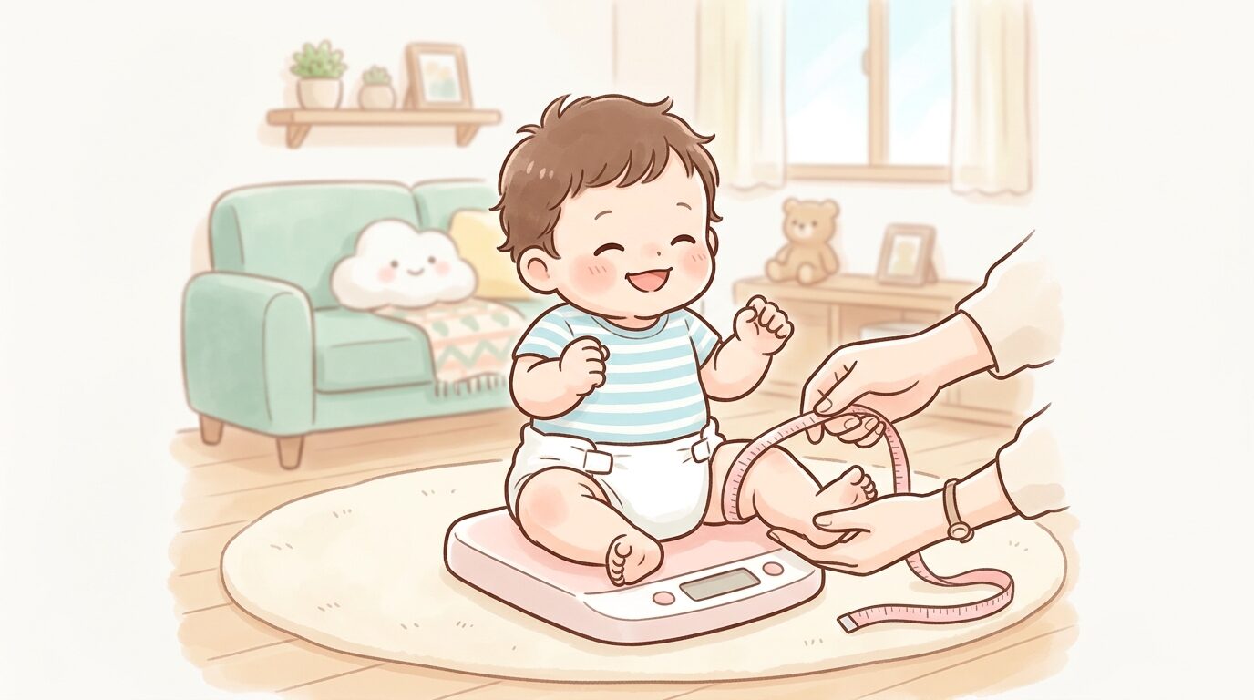 リビングで体重計に乗せられ笑顔を見せる生後3ヶ月ほどの赤ちゃんと、メジャーを持つ母親の手元