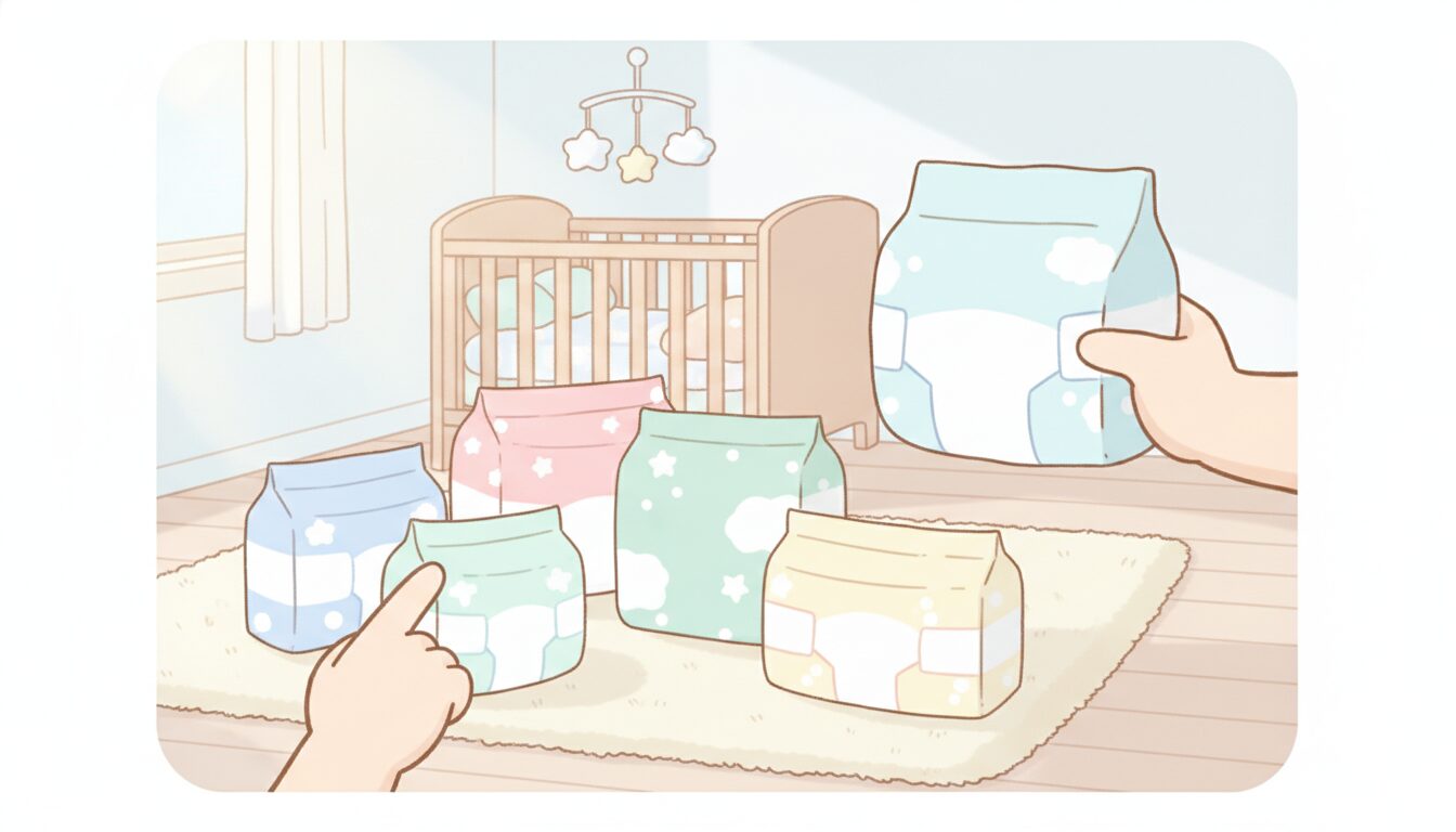 床に並べられた複数メーカーの紙おむつパッケージを見比べる親の手元、明るいベビールーム