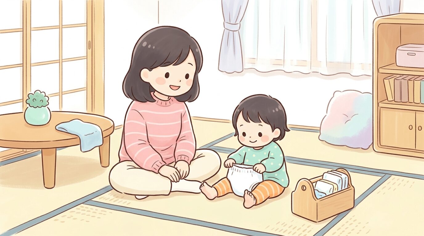 パンツタイプのおむつを自分で履こうとする1歳半頃の子どもを見守る親、明るい和室のシーン