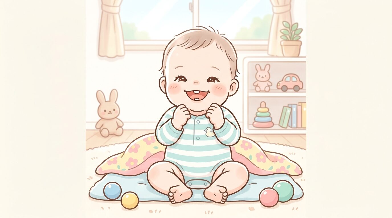生後8ヶ月ほどの赤ちゃんが下の前歯を見せて笑顔で座っている柔らかい光の写真