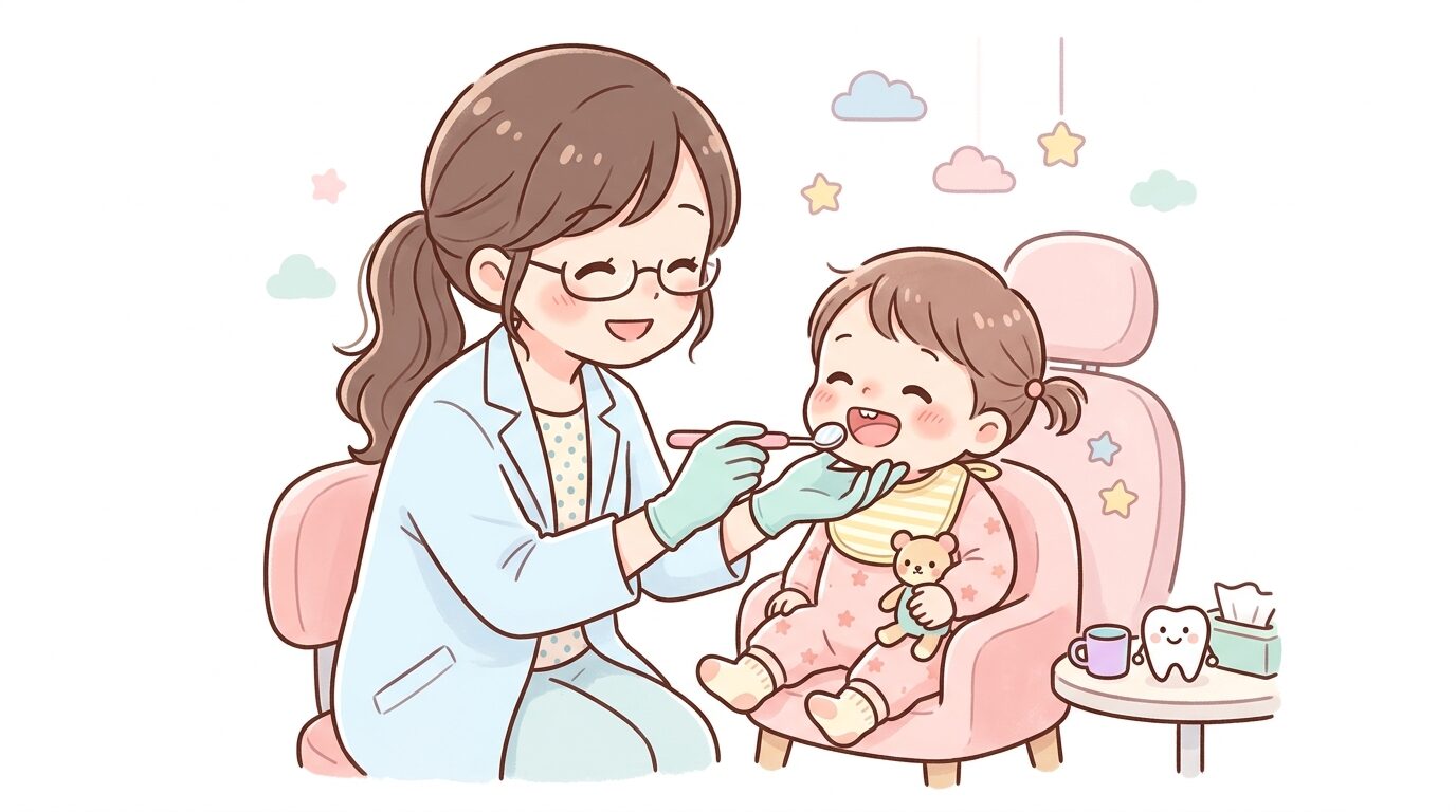 歯科医院で1歳半の子どもの口の中を優しく診察する女性歯科医師の様子