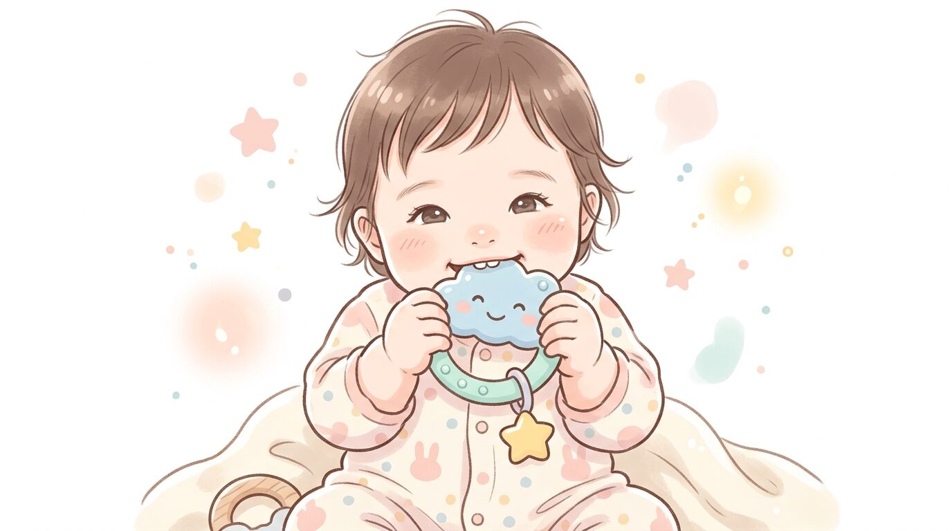 歯固めおもちゃを両手で持ってかじる生後10ヶ月ほどの赤ちゃんのアップ写真