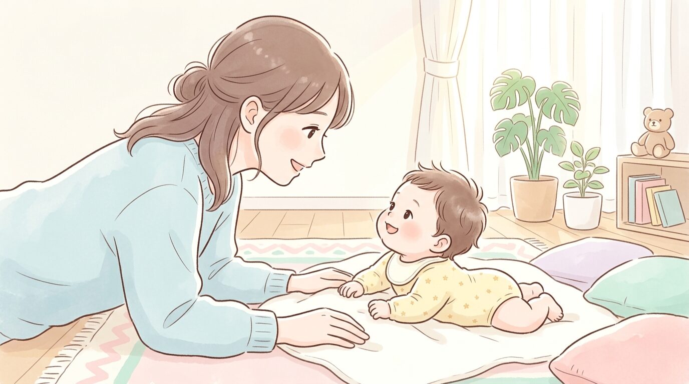 柔らかい光が差し込む部屋で、赤ちゃんの顔を見つめながら優しく話しかける母親の横顔