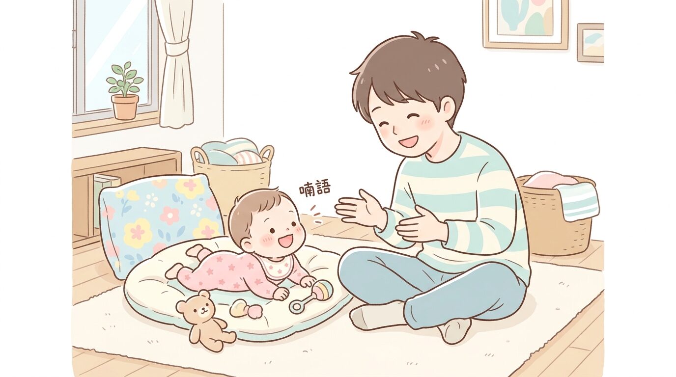 リビングでクッションに座り、赤ちゃんの喃語に笑顔で応える父親の様子