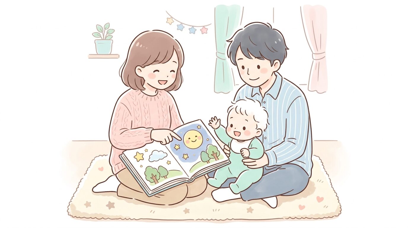 絵本を広げて赤ちゃんと一緒にページを指差しながら読み聞かせをする家族のひととき