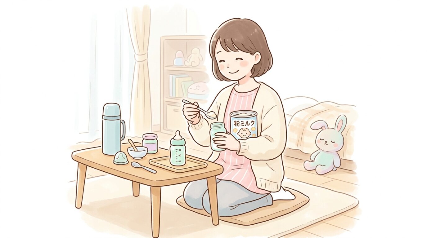 リビングで粉ミルクの缶を手に取り、赤ちゃんのために調乳の準備をする20代の母親