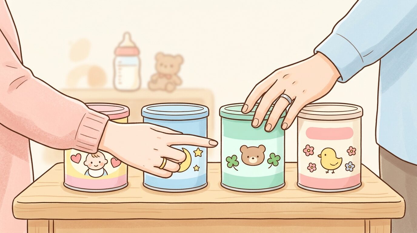複数メーカーの粉ミルクの缶を並べて比較検討する両親の手元