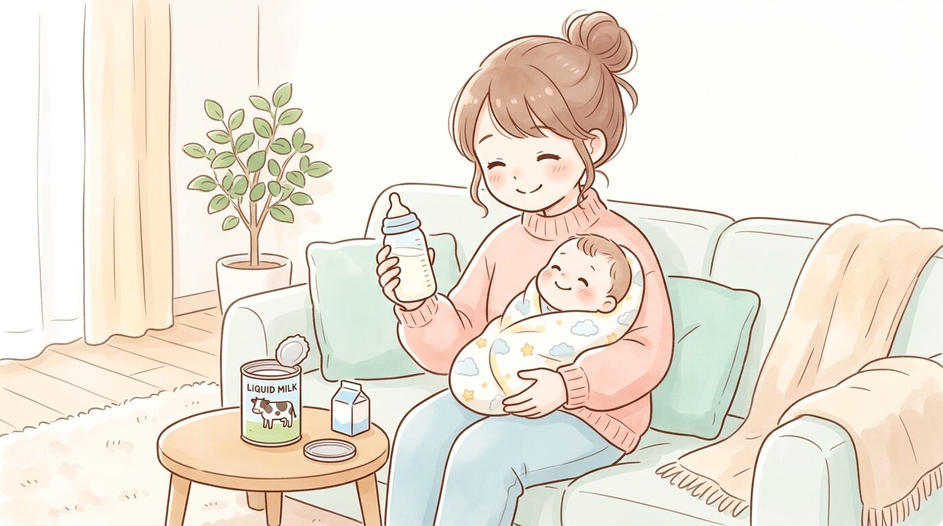 リビングで液体ミルクの缶を手に持ち、赤ちゃんに授乳しようとする若い母親の穏やかな表情