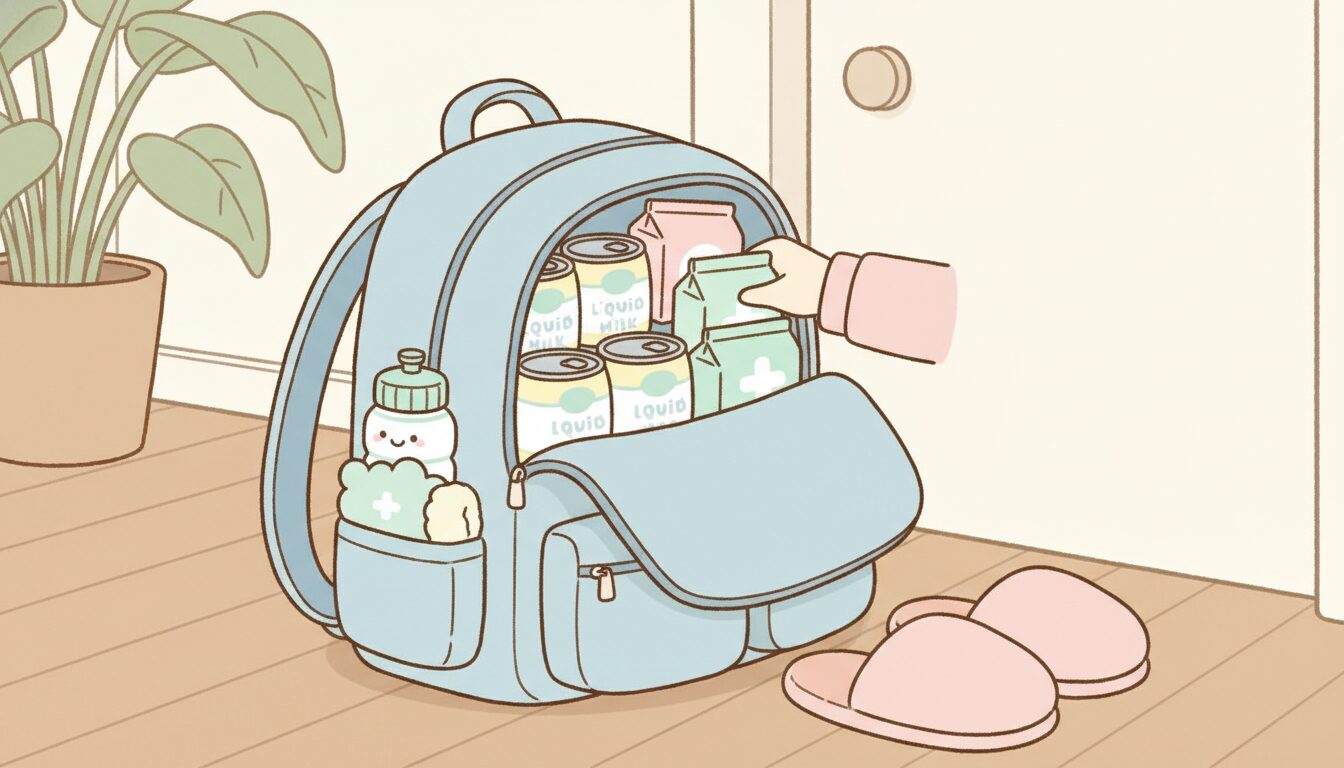 防災リュックの中に液体ミルクの缶と紙パックを整理して詰めている様子、家庭の玄関先