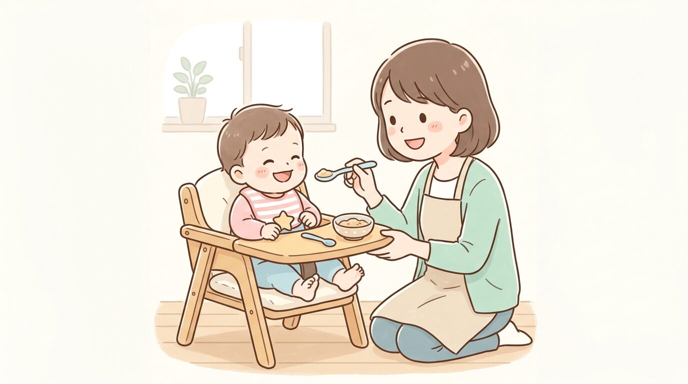 離乳食を椅子に座って笑顔で食べる9ヶ月ごろの赤ちゃんとスプーンを持つ親