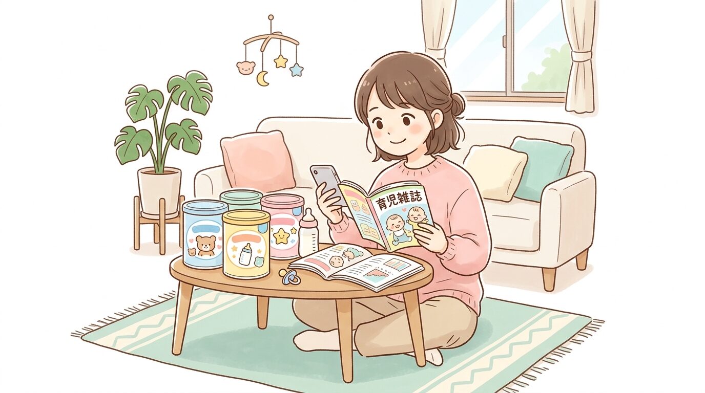 育児雑誌やスマートフォンを見ながら複数のフォローアップミルク缶を比較検討する親の様子