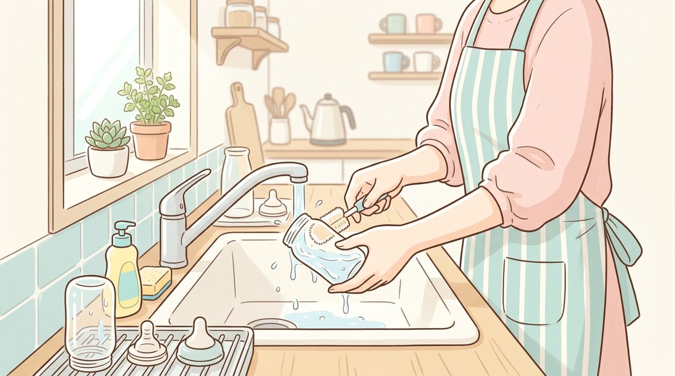 キッチンで哺乳瓶を丁寧に洗うエプロン姿の母親の手元、朝の柔らかい光が差し込む温かい雰囲気