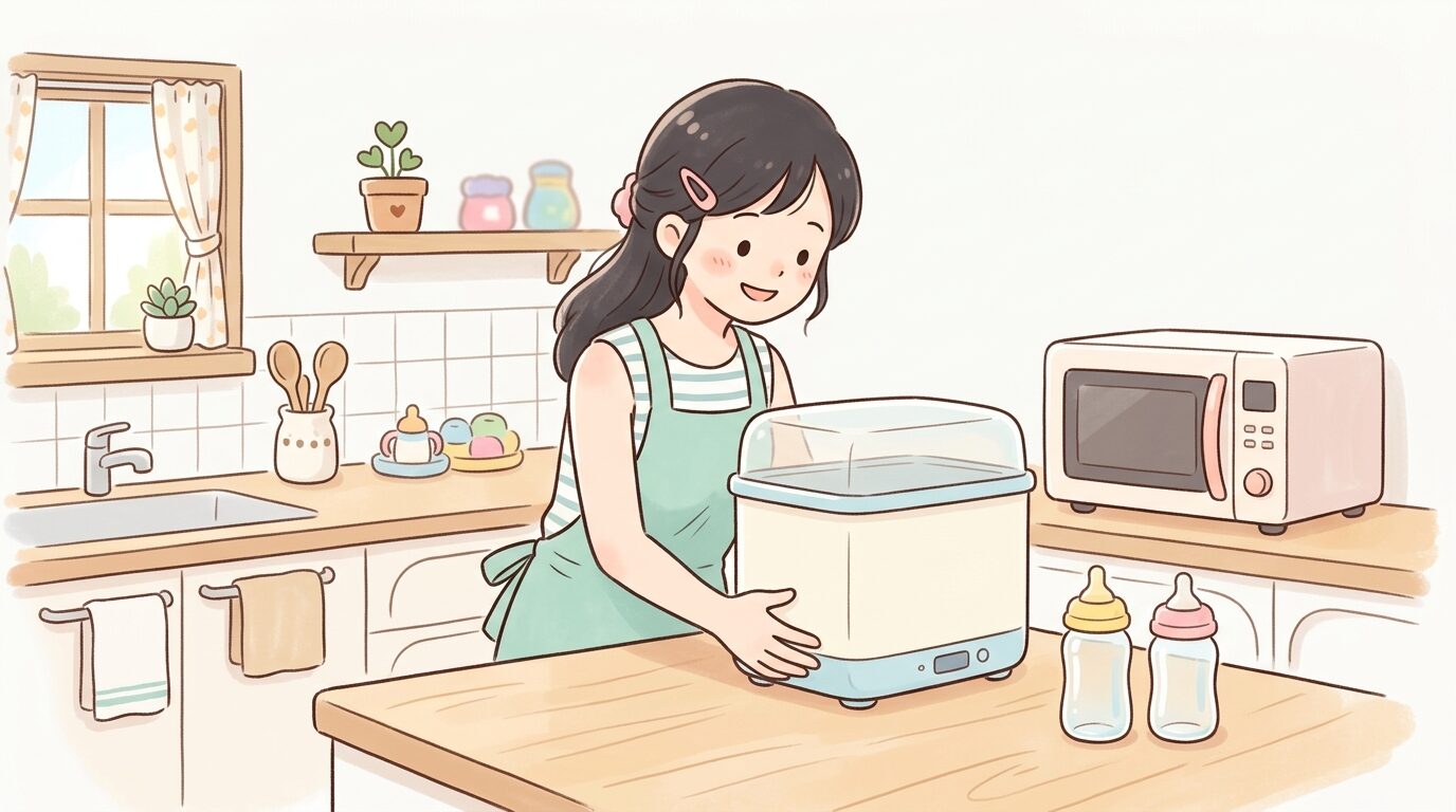 電子レンジ専用の哺乳瓶消毒ケースをキッチンカウンターにセットする様子、清潔感のあるナチュラルなキッチン