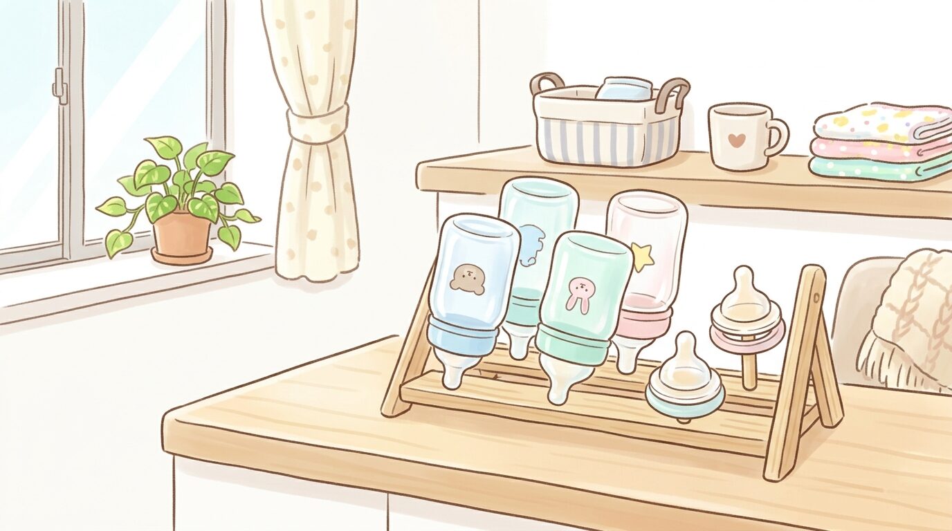洗い終えた哺乳瓶と乳首を乾燥用ラックに並べて自然乾燥させている様子、明るいリビングの一角