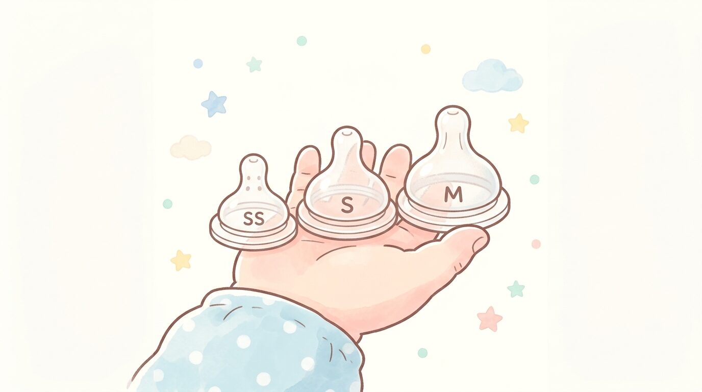 赤ちゃんの手のひらに乗せられた哺乳瓶の乳首SS・S・Mサイズを比較している写真