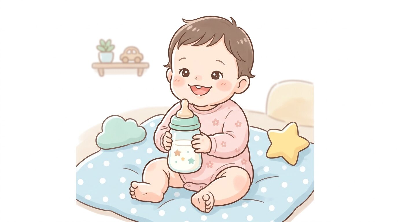 生後6ヶ月ごろの赤ちゃんが歯を見せて笑いながら哺乳瓶を持っている様子