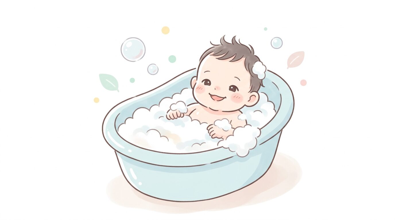 やわらかいベビーバスの中で泡に包まれてご機嫌に微笑む生後2か月の赤ちゃん