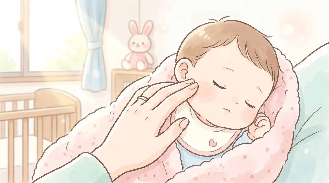赤ちゃんの柔らかい肌に優しく触れる母親の手のアップ、あたたかい光が差し込む室内