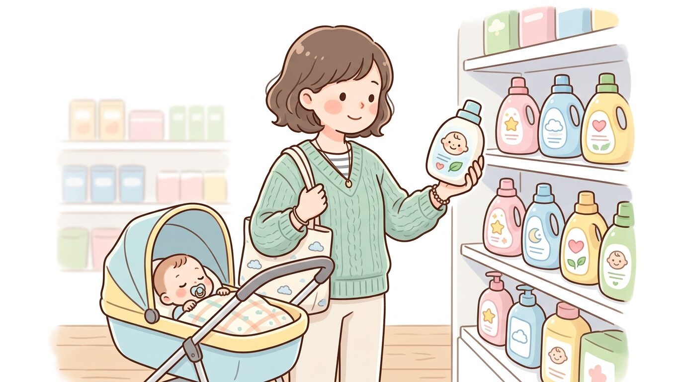 ドラッグストアの洗剤売り場で赤ちゃん用洗剤のパッケージを手に取り成分表示を確認する親