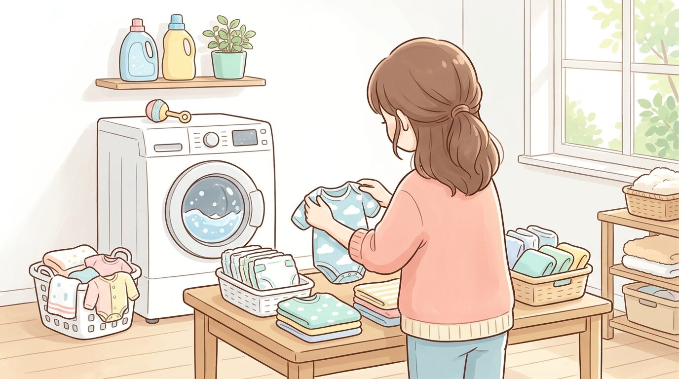 洗濯機の前でベビー服を優しくたたみながら仕分けする親の後ろ姿、明るいランドリールーム