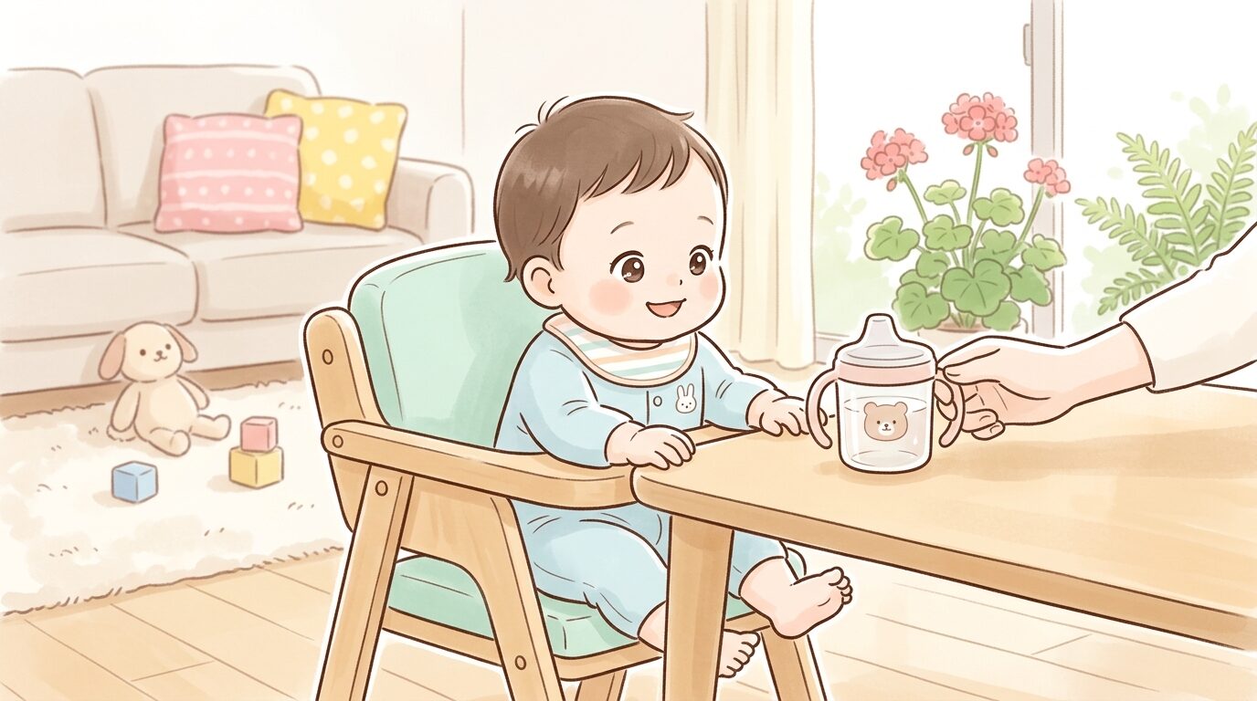生後6ヶ月ほどの赤ちゃんがベビーチェアに座り、透明なマグカップを興味深そうに見つめている温かみのあるリビングの様子