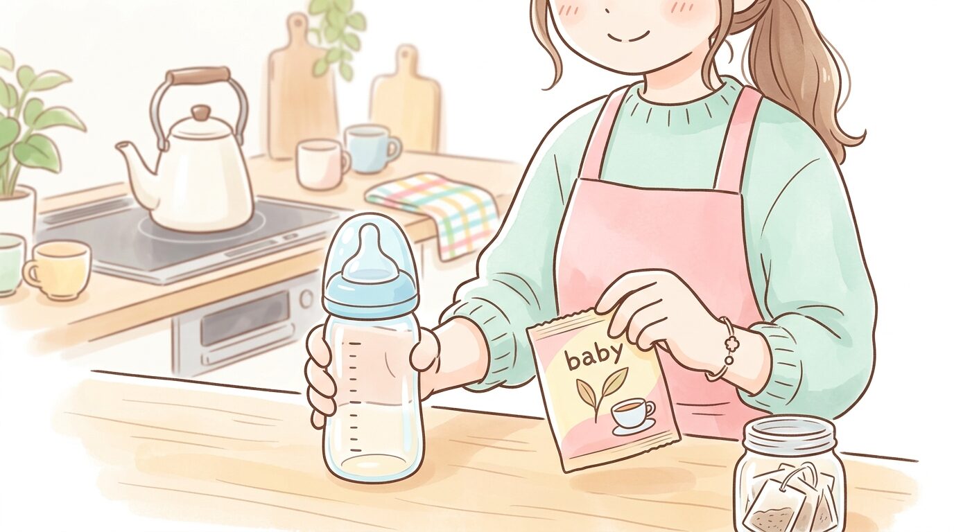 キッチンで哺乳瓶や麦茶パックを手に取り、麦茶を作る準備をしている20代後半のママの手元のクローズアップ
