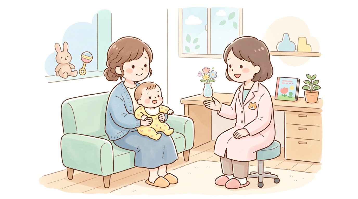 診察室で小児科医が母親と赤ちゃんに優しく説明している安心感のあるシーン