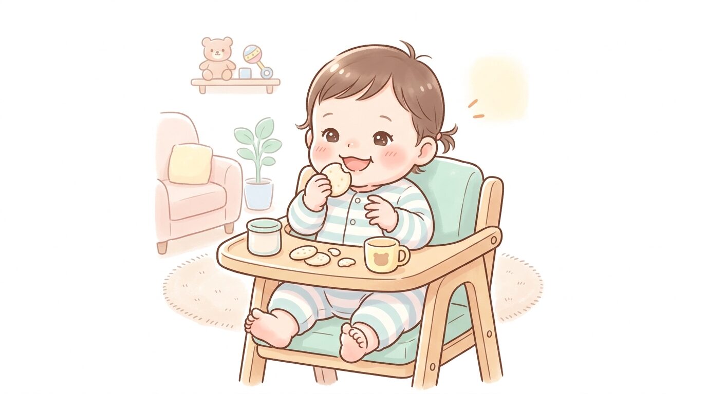 リビングのベビーチェアに座り、赤ちゃんせんべいを手でつかんで嬉しそうに食べる生後7ヶ月ほどの赤ちゃん