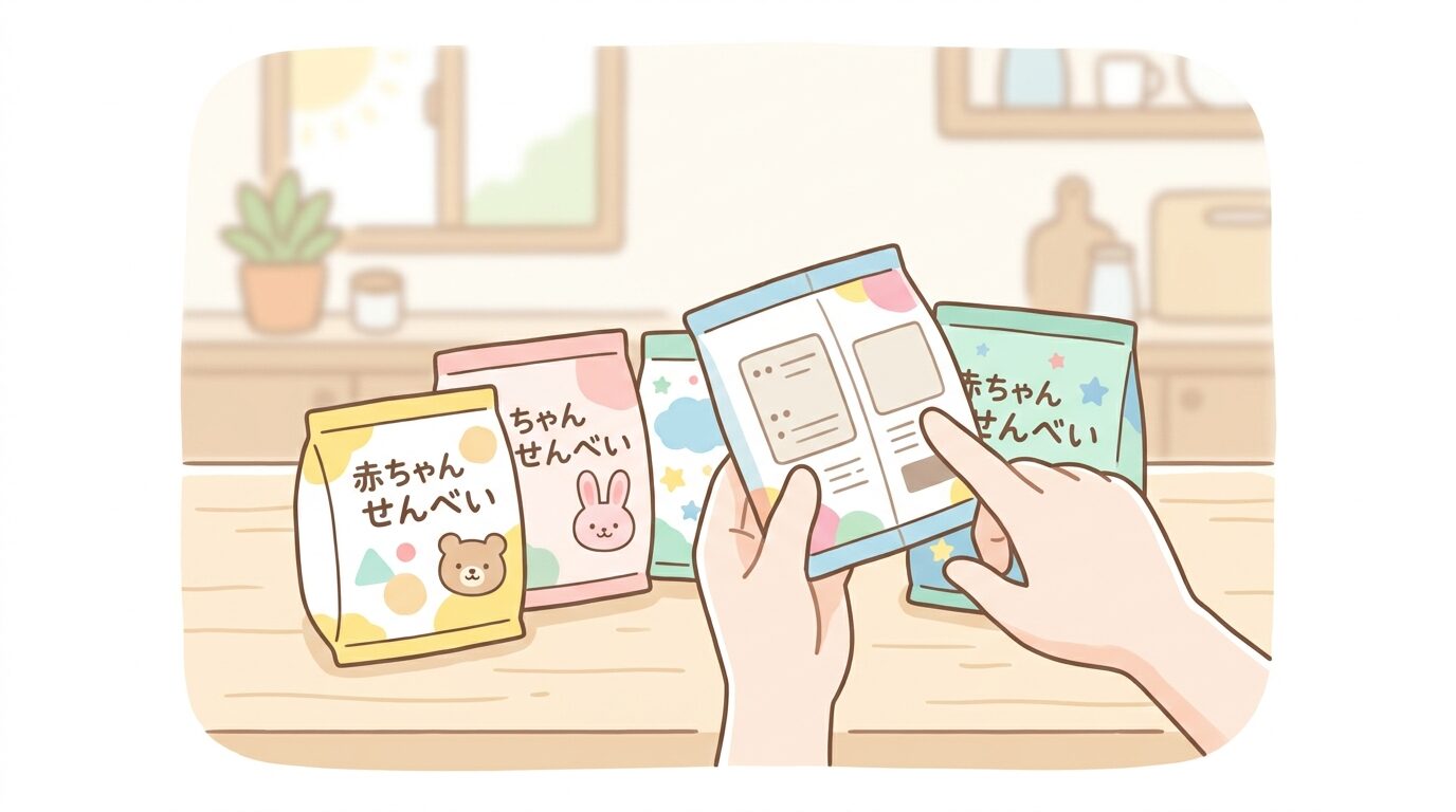キッチンのテーブルに並んだ複数のパッケージの赤ちゃんせんべいと、原材料表示を確認する親の手元