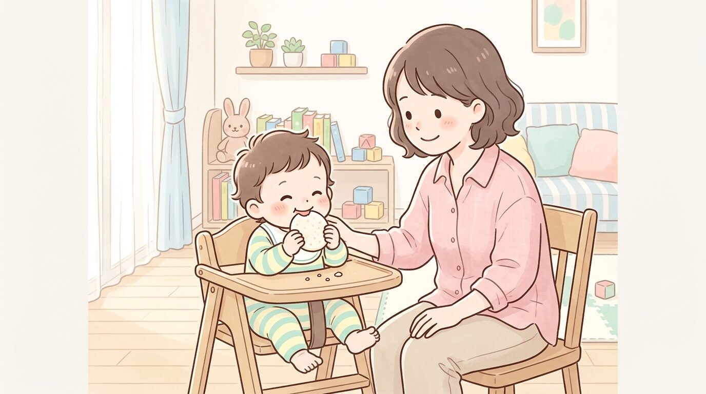 赤ちゃんがせんべいを食べている様子を優しい表情で見守る母親の姿、柔らかな自然光のリビング