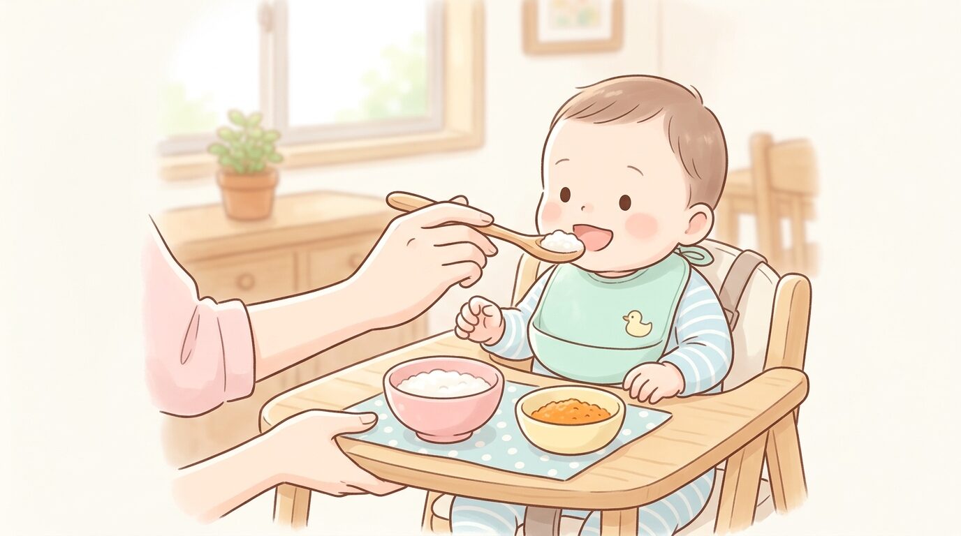 離乳食用のおかゆや野菜ペーストを赤ちゃんに与える親の手元、木製のベビースプーンとテーブルの上に並んだ小さな器