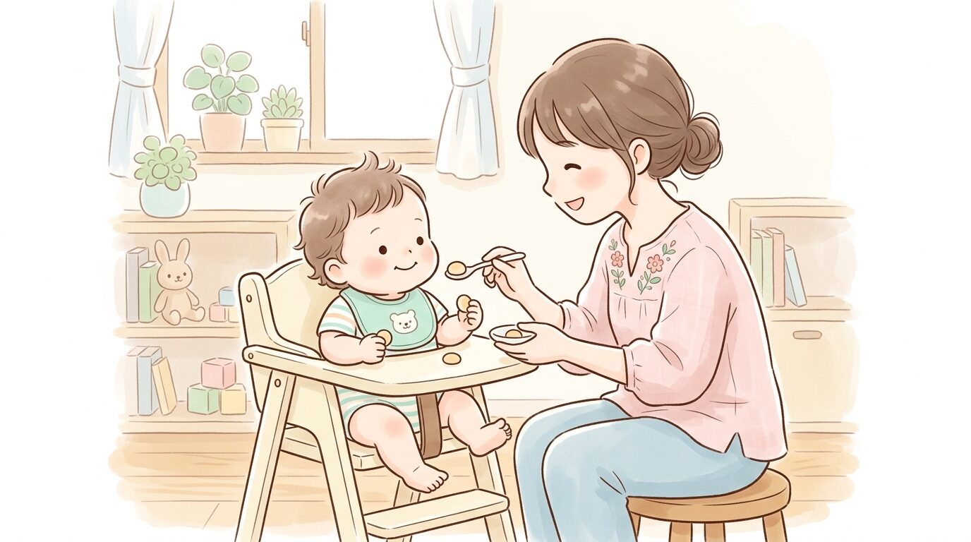 ハイチェアに座った赤ちゃんに寄り添い、優しく見守りながらおやつを与える母親の温かい室内シーン