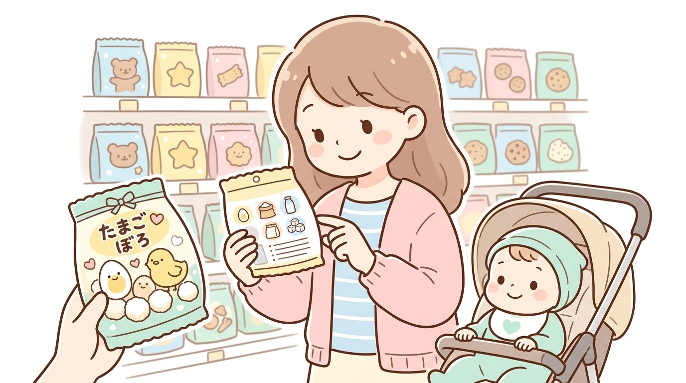 スーパーのお菓子売り場でベビー用と表記されたたまごボーロのパッケージを手に取り、原材料表示を確認する親の姿