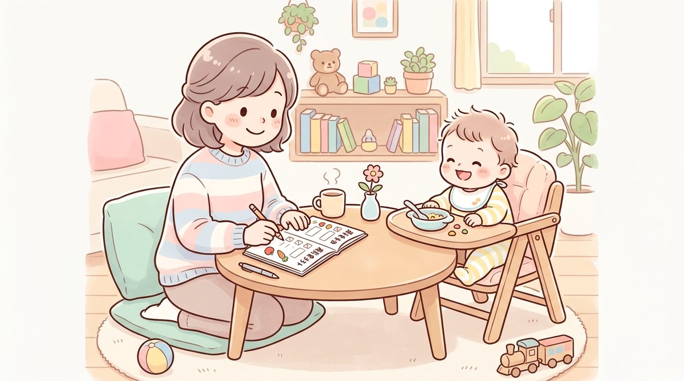 リビングのローテーブルで離乳食ノートに記録をつける母親と、隣で椅子に座る笑顔の赤ちゃん