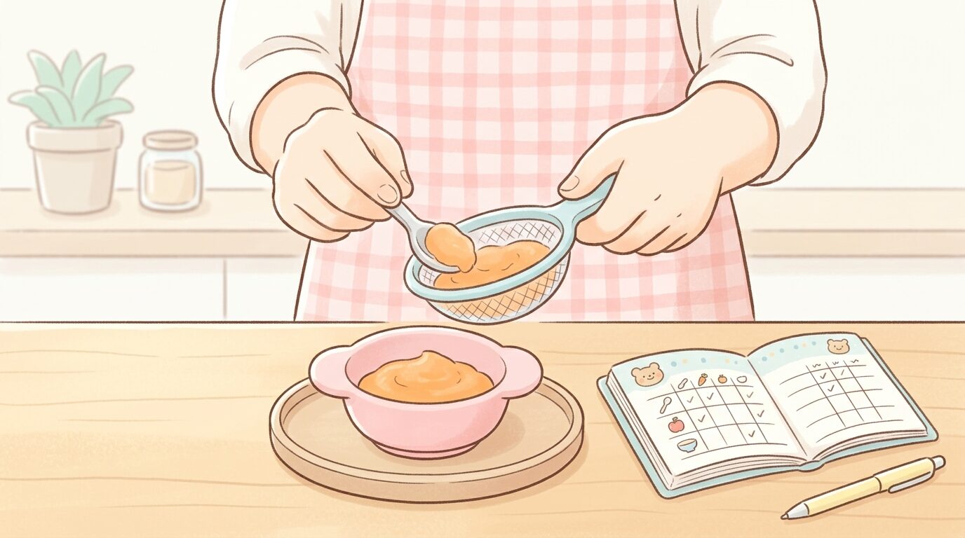 キッチンで裏ごし野菜を小皿に盛り付ける手元と、隣に置かれた離乳食記録ノート
