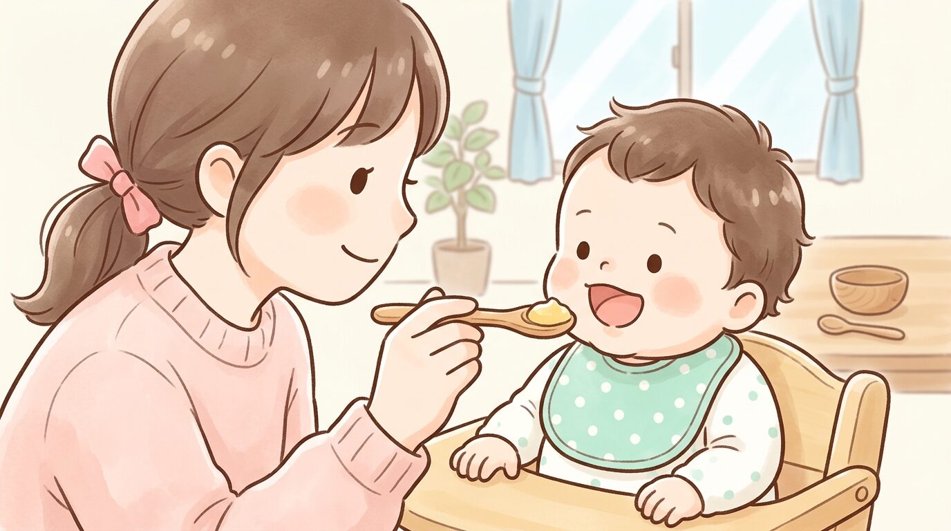 木のスプーンで赤ちゃんの口元に離乳食を運ぶ様子を優しく見守る親のアップ