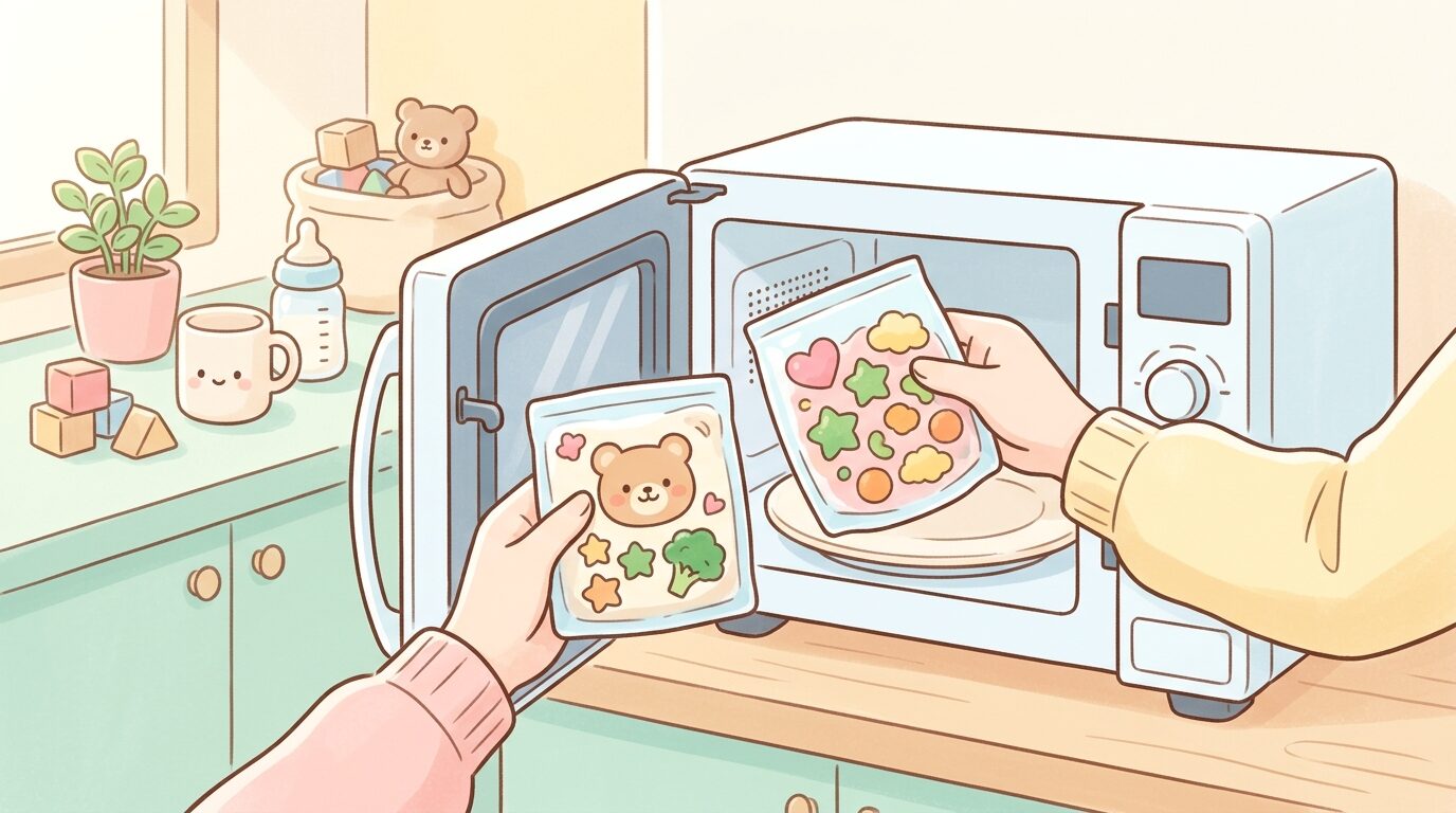 キッチンで冷凍幼児食のパックを電子レンジに入れる忙しい朝の親の手元