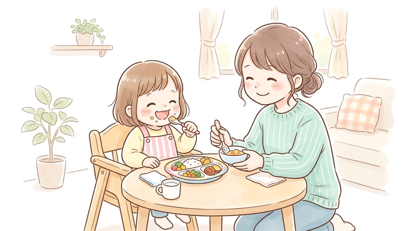 リビングのテーブルで冷凍幼児食を美味しそうに食べる2歳くらいの子どもと見守る母親
