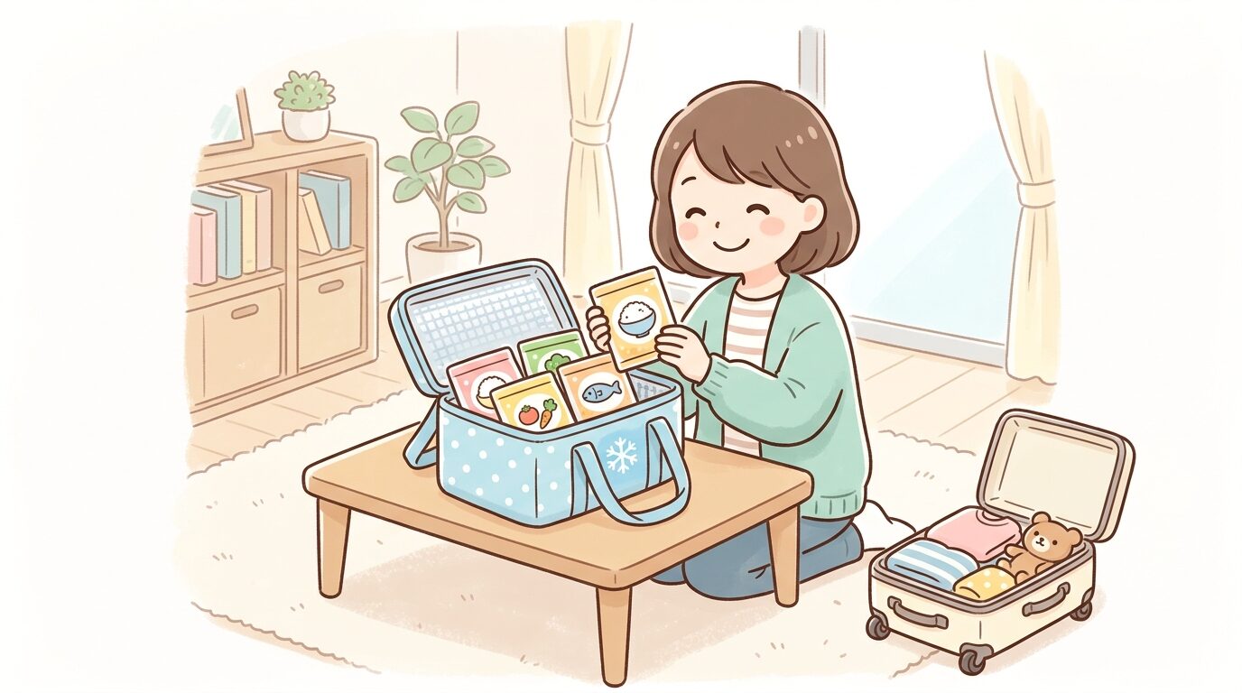 保冷バッグに冷凍幼児食のパックを詰めて旅行の準備をする親の様子