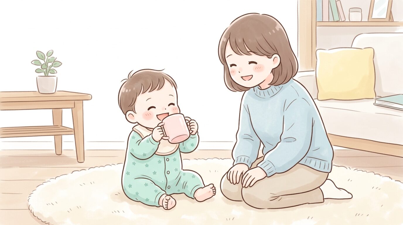 リビングでベビーマグを両手で持ち嬉しそうに飲む離乳食期の赤ちゃんと見守る母親