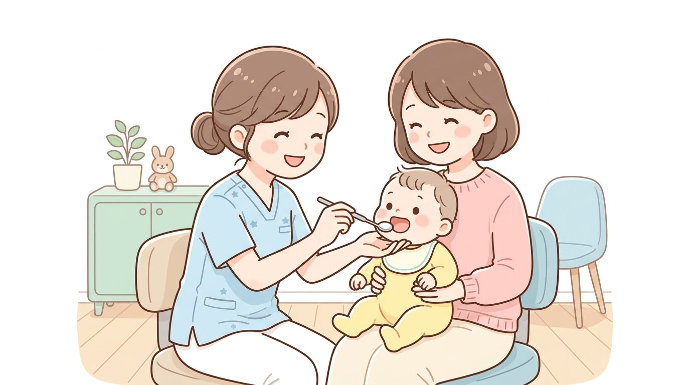 小児歯科で赤ちゃんの口の中を優しく診察する歯科医と付き添う母親