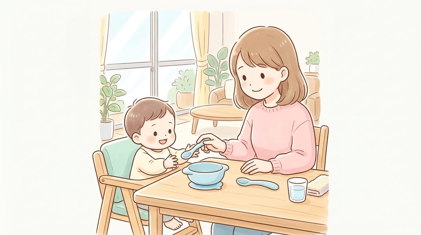 明るいダイニングでシリコン製の離乳食ボウルとスプーンを手に取る母親と赤ちゃん