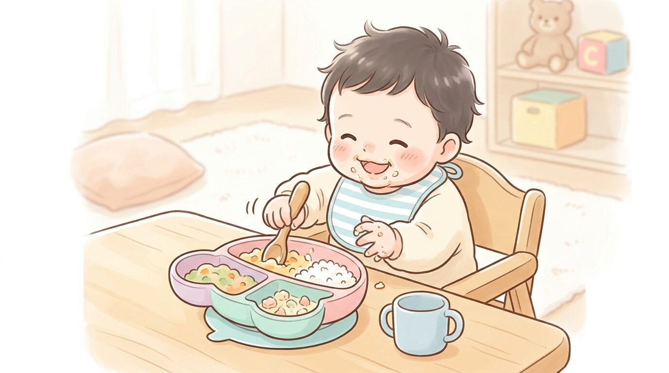 リビングのテーブルで吸盤付きのワンプレートを使い自分で食べようとする1歳前後の子ども